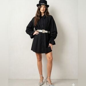 Black Long-Sleeve Asymmetrical Shirt Dress with Statement Sleeves